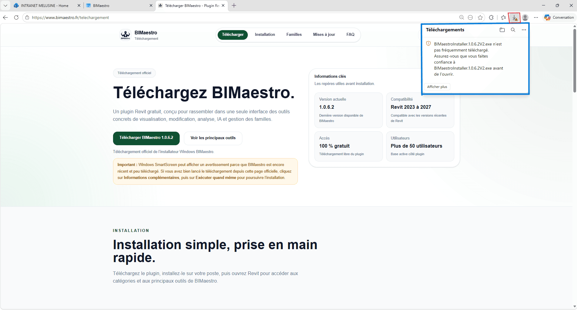 Panneau Téléchargements de Microsoft Edge avec le fichier BIMaestro signalé.