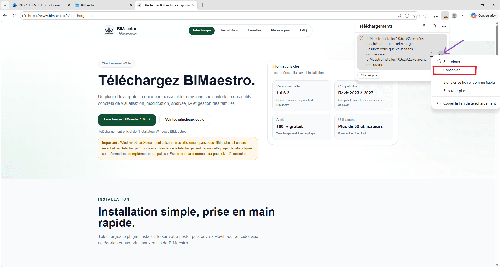 Menu du téléchargement Edge avec l’action Conserver encadrée.