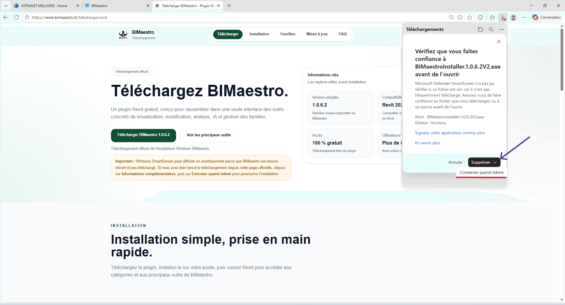 Fenêtre de vérification Edge avec l’action Conserver quand même encadrée.