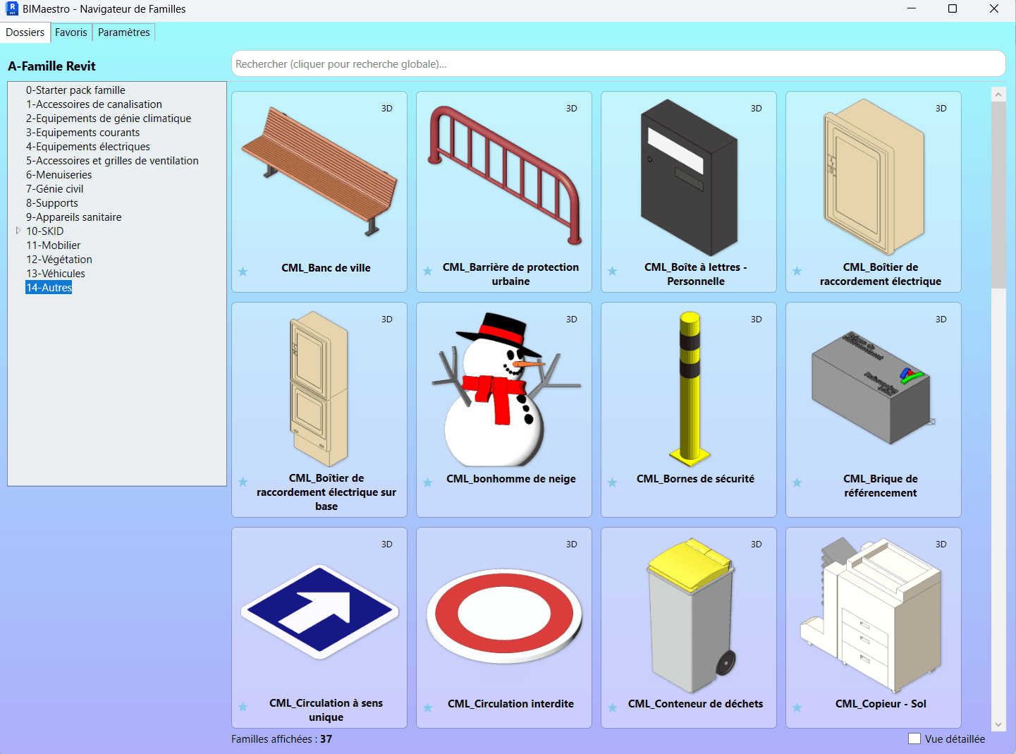 Interface du Navigateur de famille BIMaestro dans Revit