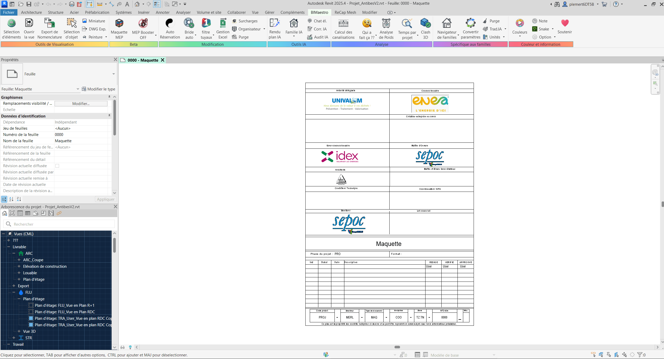 Capture réelle du ruban BIMaestro complet dans Revit, avec ses groupes d’outils colorés et le bouton Couleurs à droite.